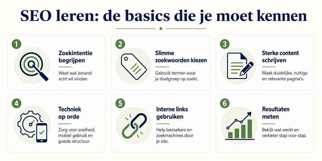Infographic over SEO leren basics met onderwerpen zoekwoorden, content en technische optimalisatie voor beginners